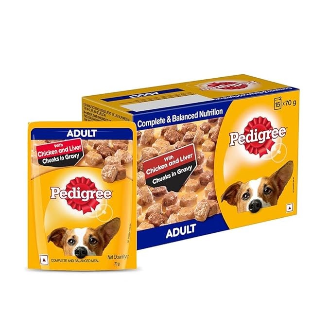 Pedigree Wet Food, Chicken & Liver Chunks in Gravy Flavour, Pack of 15 (15 x 70g)